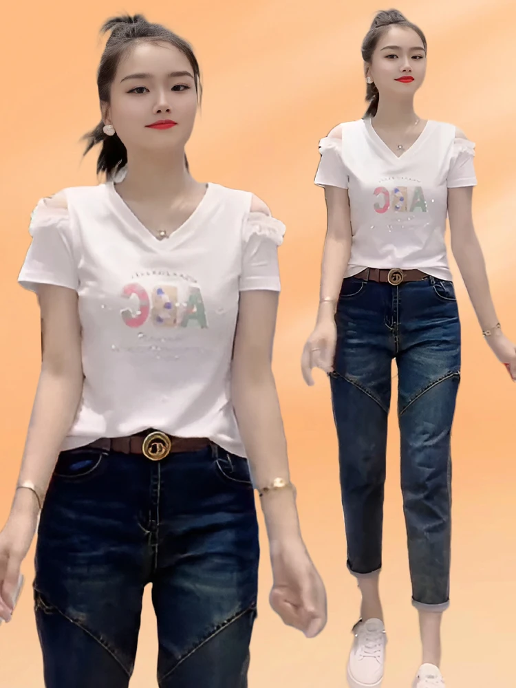 Sommer 2025, erschwingliches Damen-T-Shirt aus reiner Baumwolle, oulder Bared Strass-Design, vielseitiges koreanisches SLE-Top