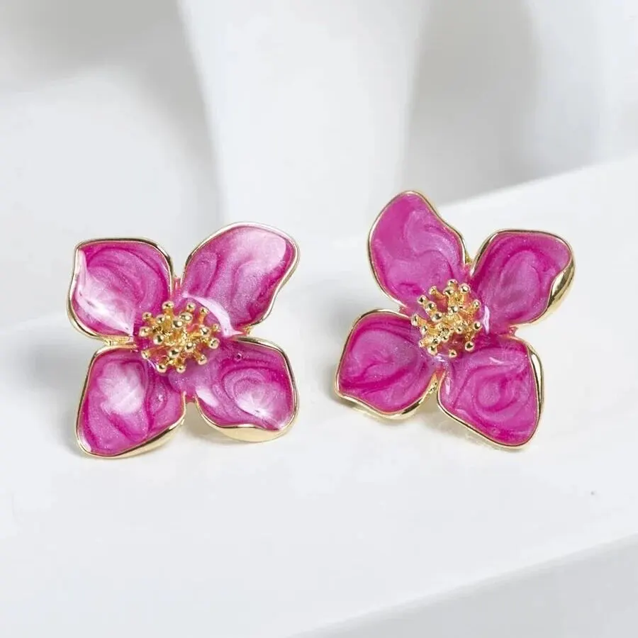 Obega Fuchsia Epoxy Flower Earrings Stud Korean Flowers Women Earring Post Spring Summer New Trendy Girls Cute Jewelrys