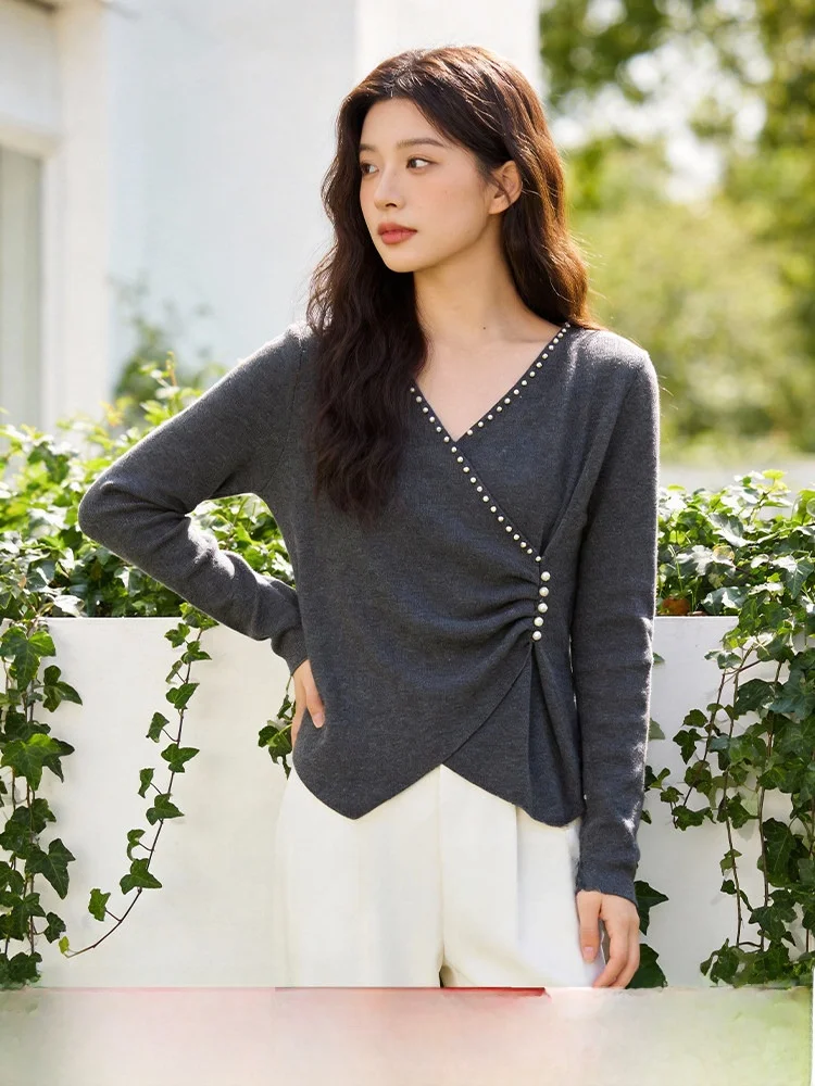 

plus Size Slim Fit Top Women's V-Neck Long Sleeve Waist-Cinched Base Layer Spring 2026 Elegant Design Commute Style Polyester...