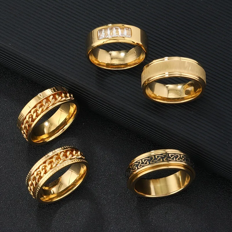 Gold Tone Stainless Steel Men Ring Set, Spinner Cuban Chain Celtic Knot Wide Band, Polished Anti‑fade Finger Jewelry for Male