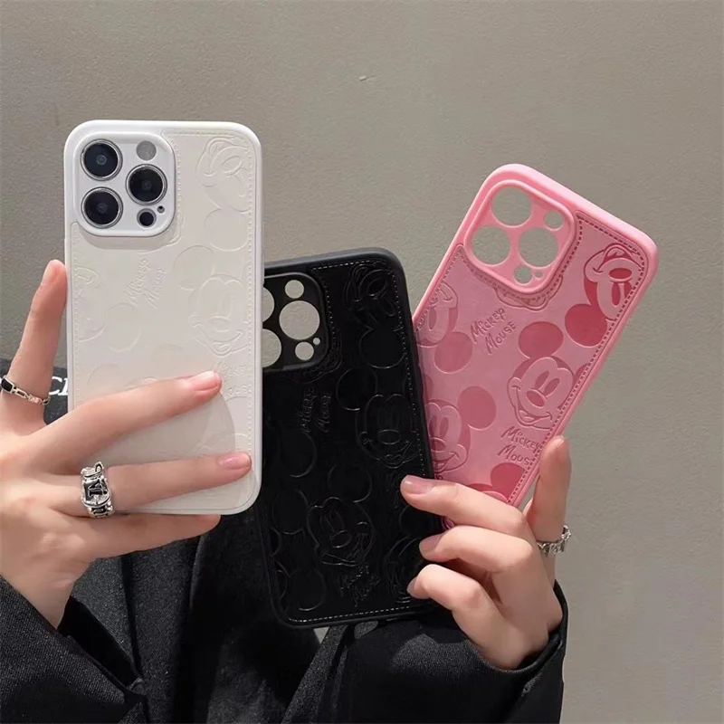 Disney Cartoon Mickey Mouse Zachte Telefoon Case Voor iPhone 11 12 13 14 15 16 17 Pro Max X XR Leuke 3D Reliëf Lederen Cover Funda