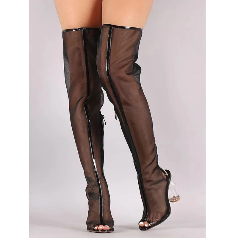 

Ladies Fine Mesh Summer Over The Knee Boots Front Line Suede Shiny Strap Transparent Heels Thigh Boots Lucency Chunky Heel Boots