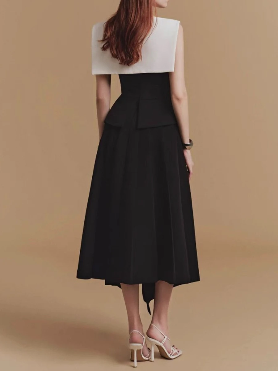 TWOTWINSTYLE 슬림 핏 홀로우 아웃 불규칙 롱 드레스 여성용 라운드 넥 슬리브리스 튜닉 패치워크 폴드 드레스 여성 신상