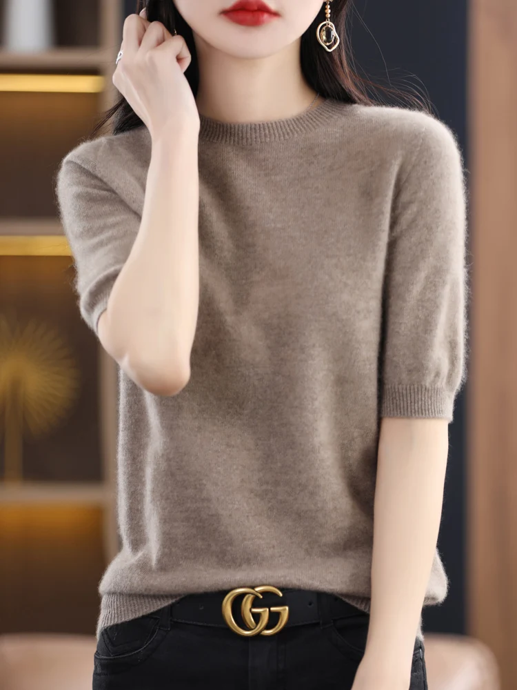 New O-neck Solid Color Pullover 100% Merino Wool Women\' Sweater Spring Summer Half sleeved Basic Clothing Single Fitting Tops