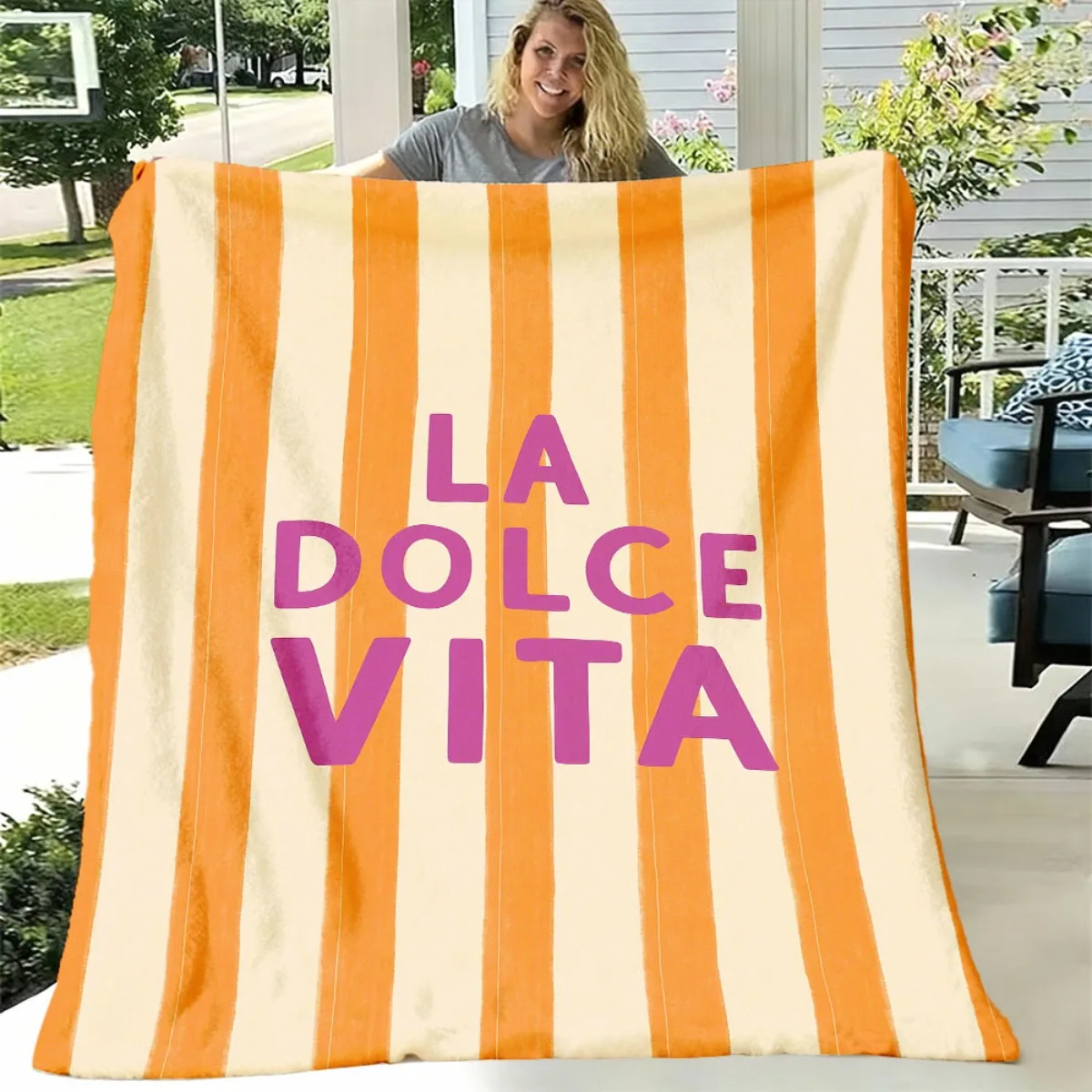 La Dolce Vita Stripe Throw Blanket Italian Summer Theme Yellow Orange Beach Vibe Couch Sofa Decorative Warm Bed Blanket Cover