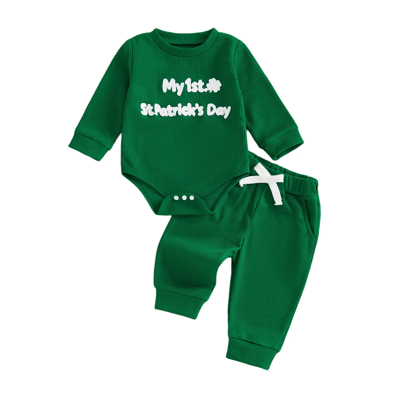 2Pcs Infant Boy Girl Outfits Letters Clover Embroidery Long Sleeve Crew Neck Romper and Elastic Waist Joggers Pants Set