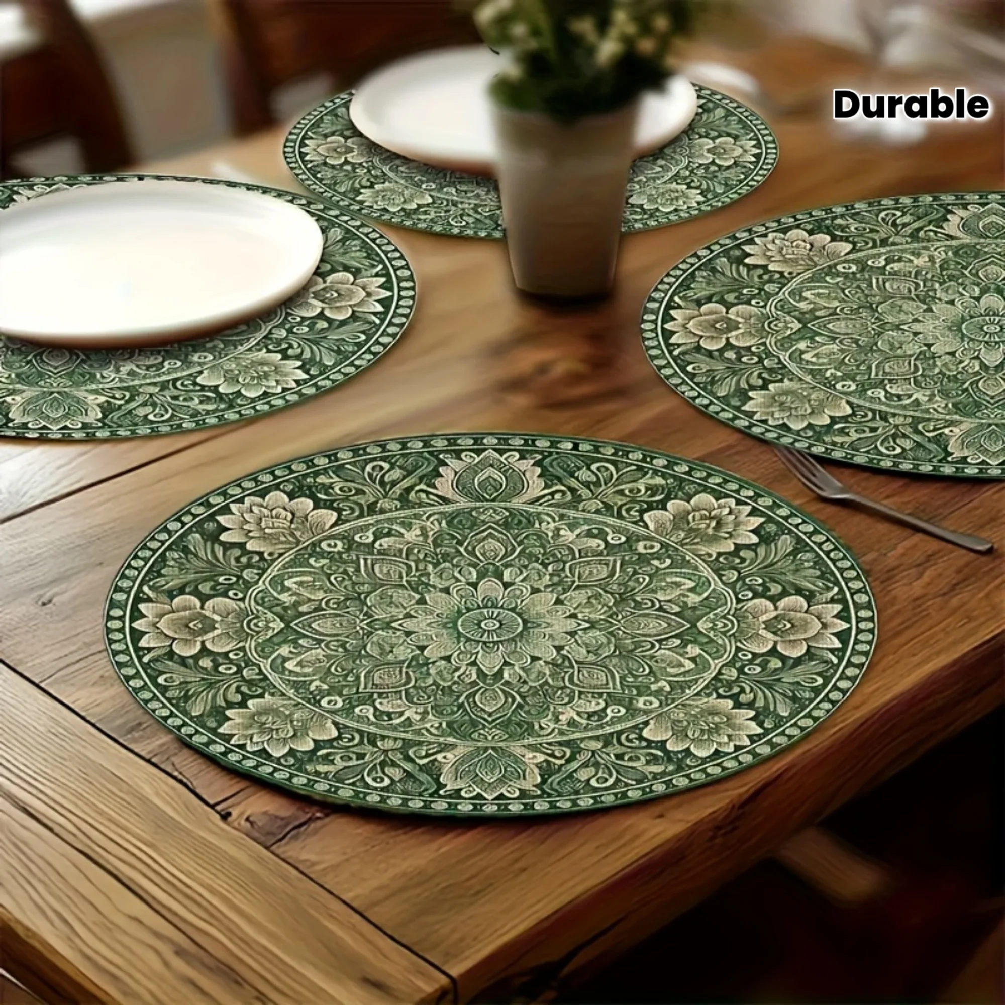 VIKAMA 4 Stück grüne Blumen-Mandala-Tischsets, langlebig, für Küche, Esstisch, dekorative Tischsets, Bohemian-Stil, Heimdekoration