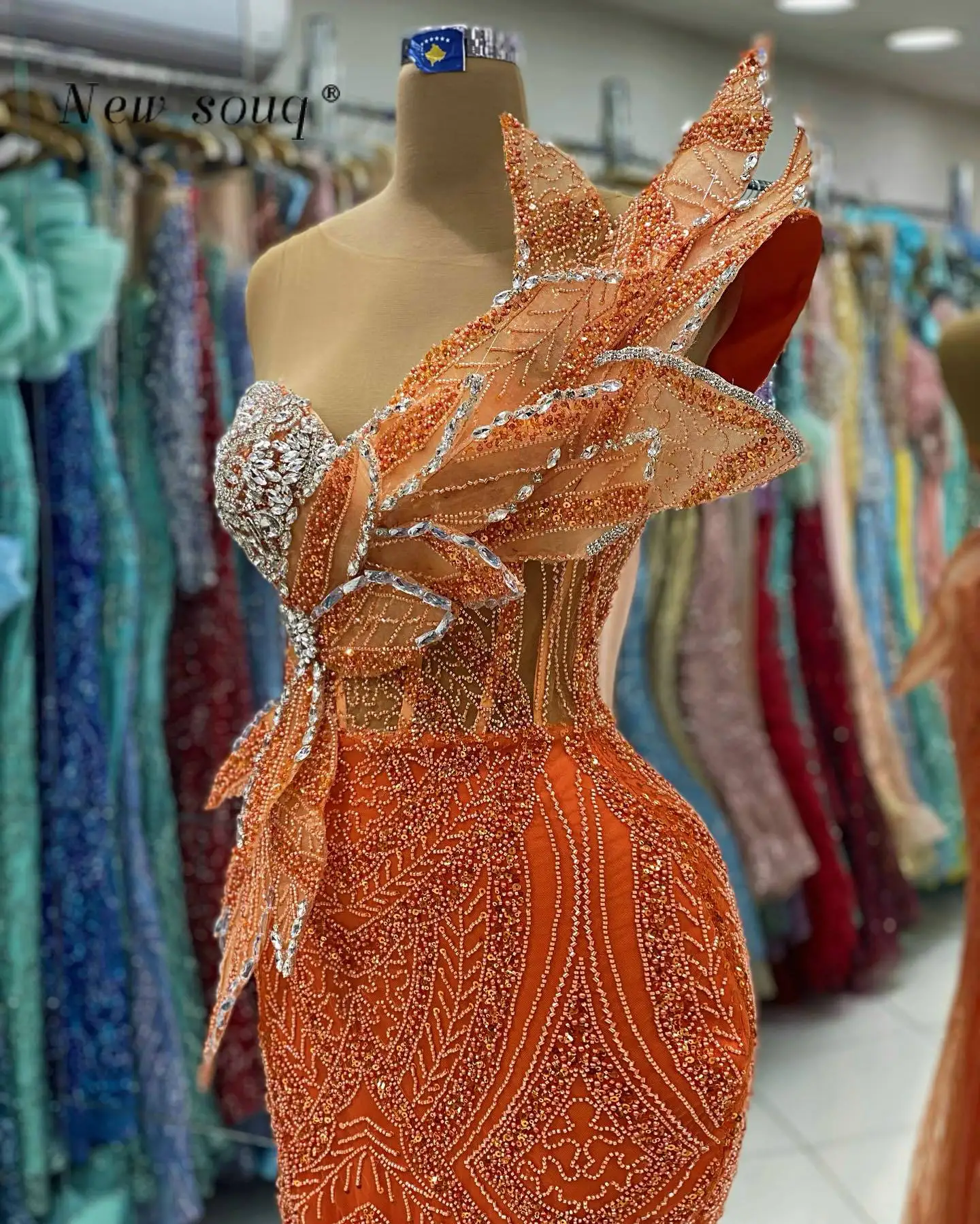 Arabic Orange 3D Leaf Designs Long Mermaid Evening Dresses with Slit Crystals Beaded Women Formal Party Wear Wedding Guest Gowns