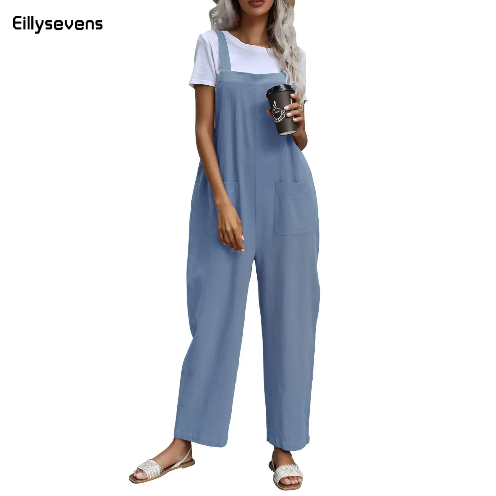 

Casual Loose Jumpsuit Women Summer Solid Cotton Linen Straps Wide Leg Pants Dungaree Bib Overalls Sleeveless Oversized Jumpsuits