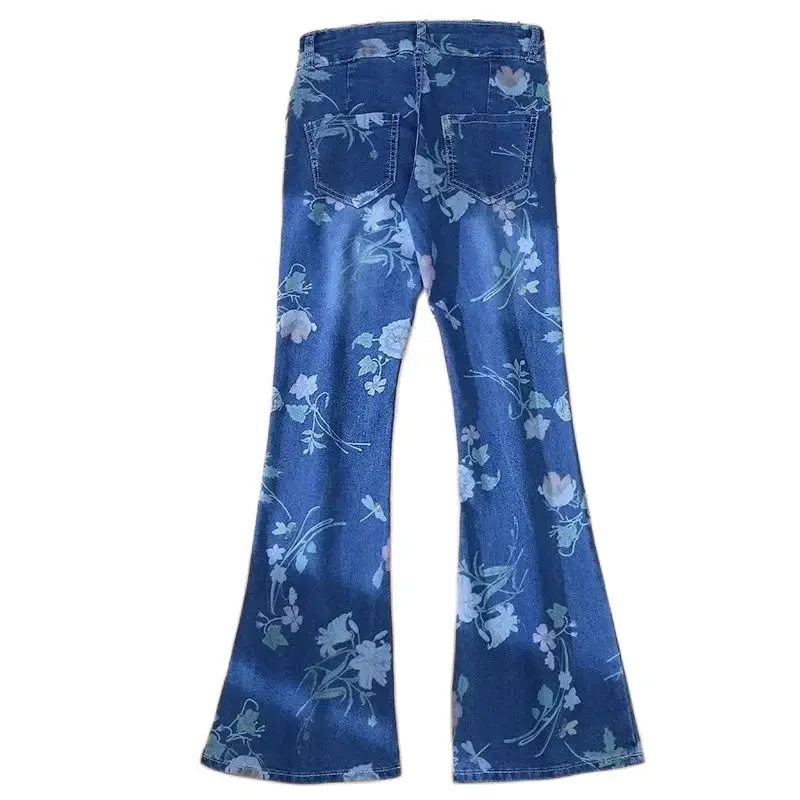 Thin Print Jeans Elastic Micro-Trumpet Jeans Female Summer High Waist Joker Personality Traight Tube Denim Long Pants Women