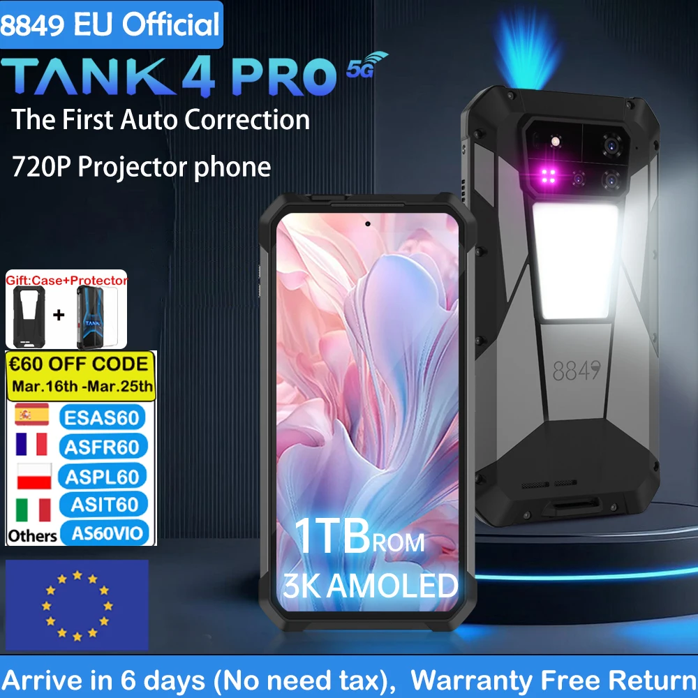 8849 Tank 4 Pro Unihertz Smartphone robuste avec projecteur 1 To + 36G 5G AI Dimensity 8300 AMOLED 3K Android 14 6.78''120HZ 11600mAh