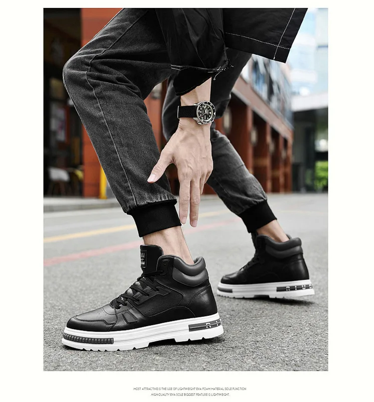 New Height Increasing 6/8CM Men's Leather Boots Breathable Casual Shoes Athletic Jogging Gym Shoes Fashion Leather Sports Shoes