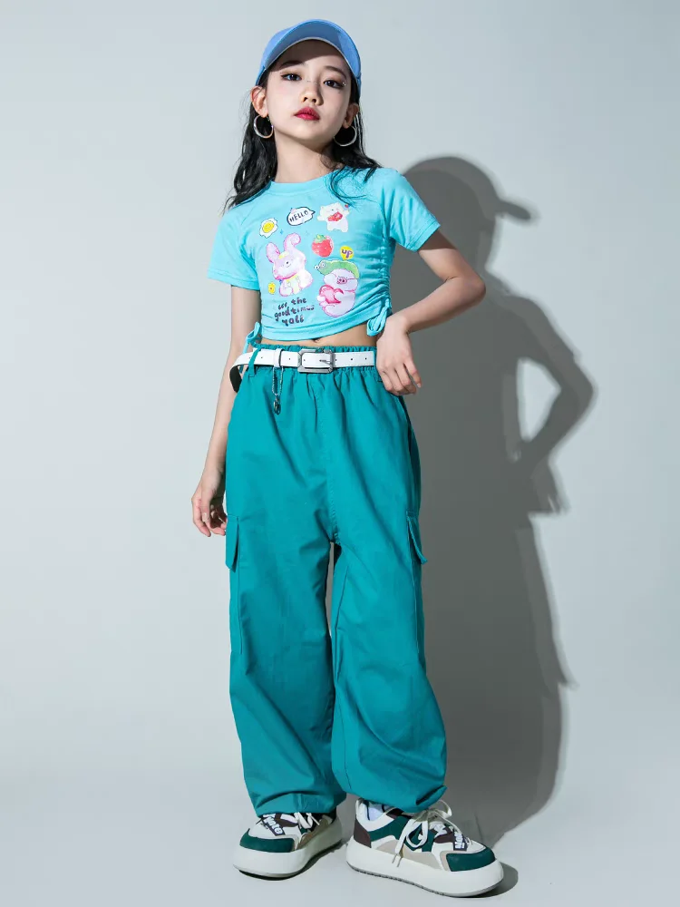 Hip Hop Girls t-shirt Street Dance Solid Cargo Pants Child Candy Color Streetwear Crop Top Clothes Set Kids Sweet Jazz Costumes