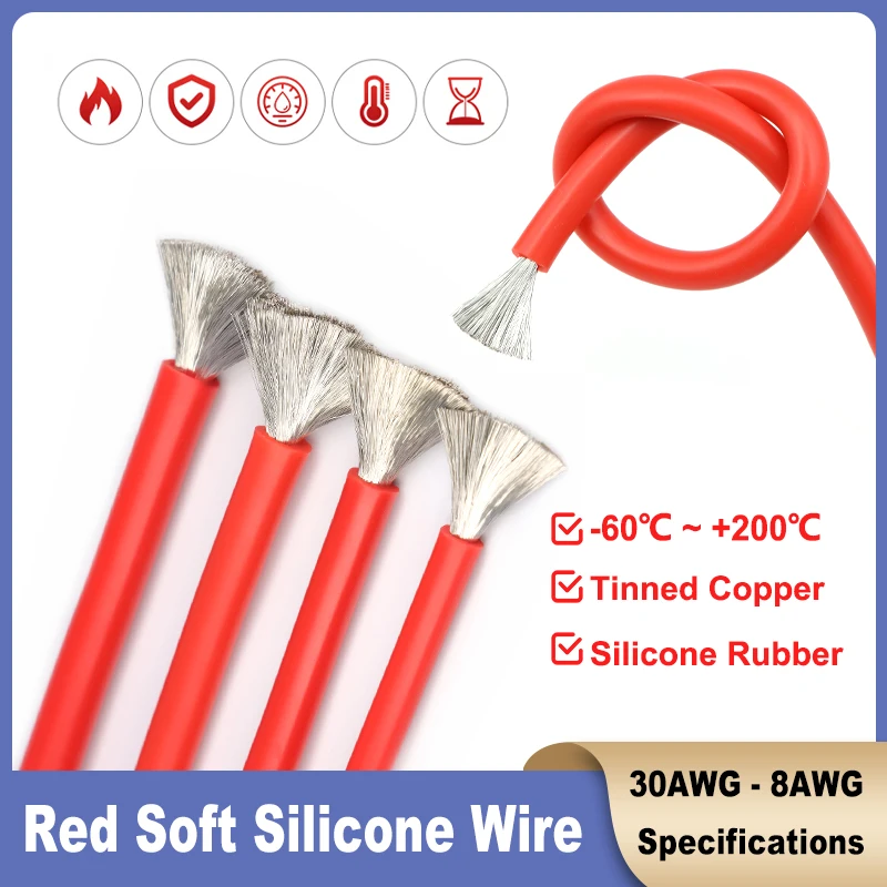 1~20m Red Super Soft Silicone Wire 30/28/26/24/22/20/18/16/15/14/13/12/10/08AWG Heat-resistant Car Battery Electric Power Cable