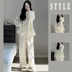 Flroal Sleepwear Women Pajama Sets Ruffles Piiama Long Sleeve Pants Sets 2 Pieces O-neck Night Wears Korean Autumn Home Suit New