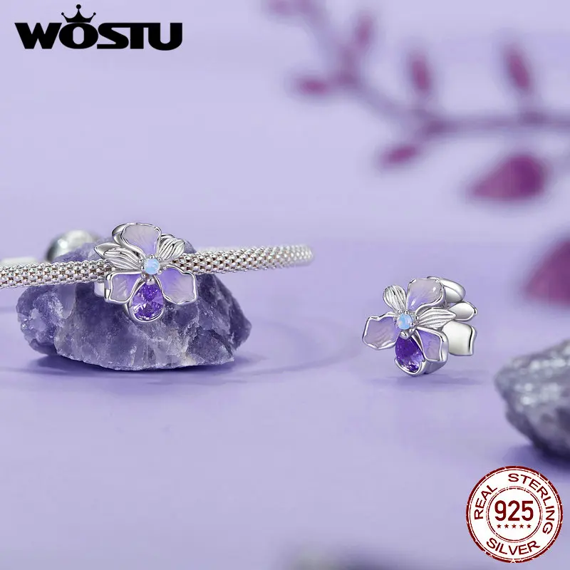 Wostu 925 prata esterlina mística borboleta charme roxo íris flor contas pingente de cristal caber diy pulseira colar presente festa