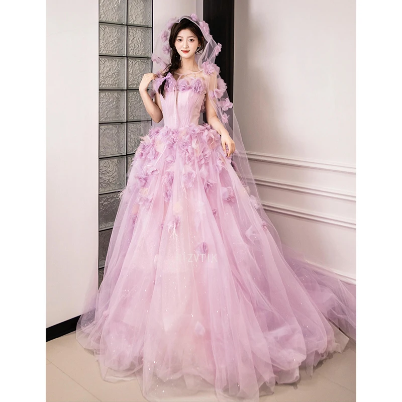 

Luxury Flower Applique Wedding Dresses Women Strapless 3D Flowers A-Line Bridal Gown Customized Elegant Prom Evening Party Dress