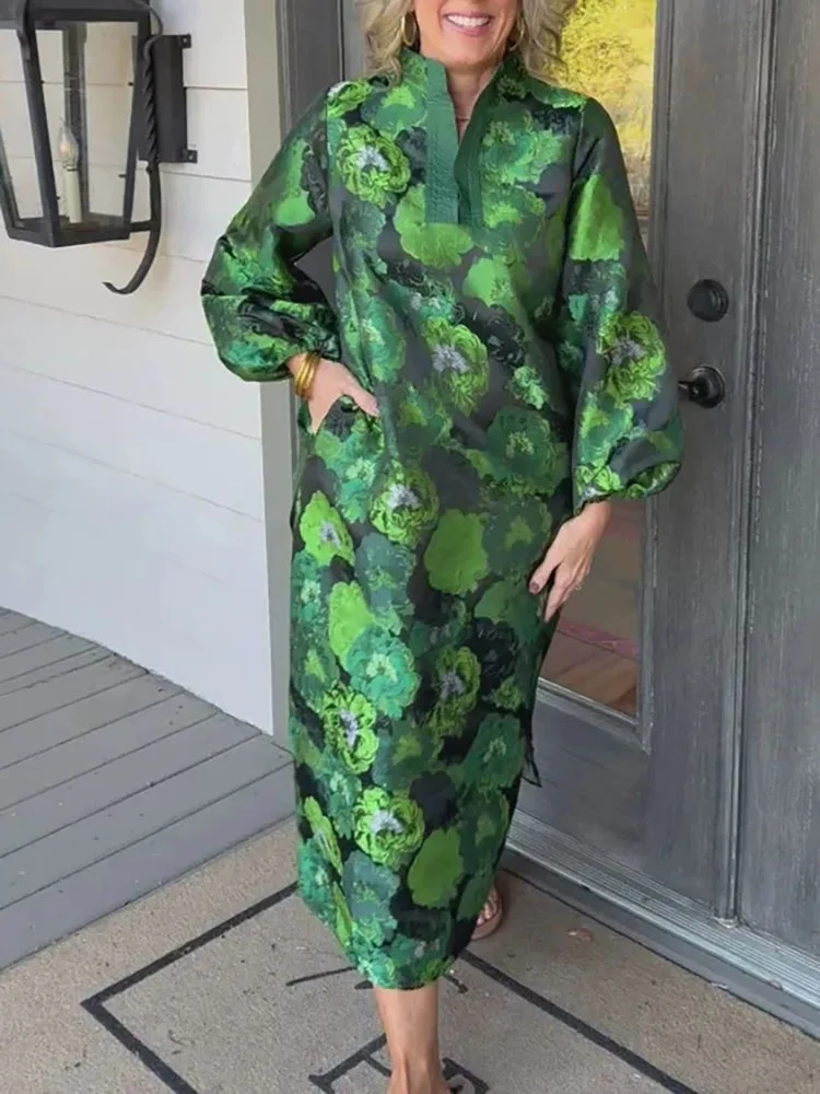 Cómodo vestido suelto de manga larga con cuello levantado para primavera y verano, nuevo estilo, elegante vestido jacquard para mujer