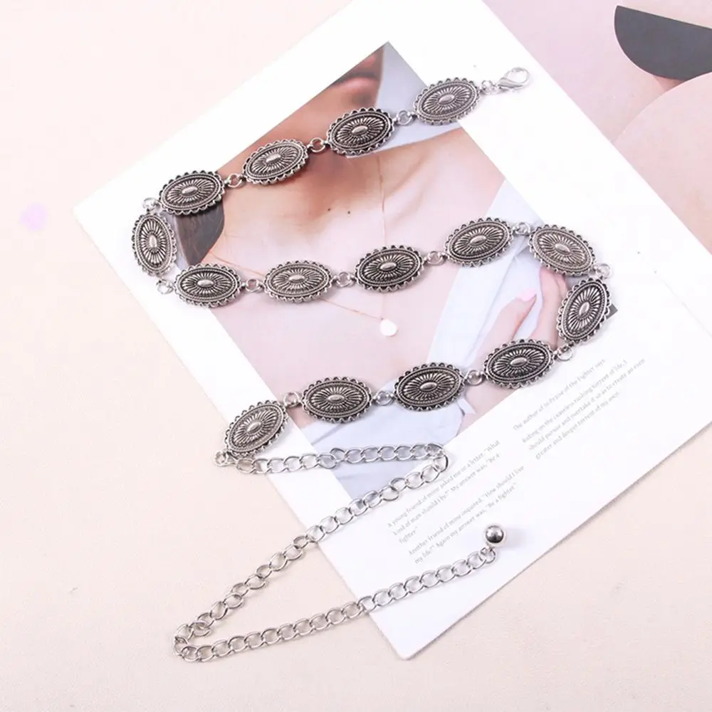 موضة الفضة الرجعية الخصر سلسلة قابل للتعديل تنوعا مباراة حزام معدني العرقية نمط بوهيميا سلسلة حزام النساء