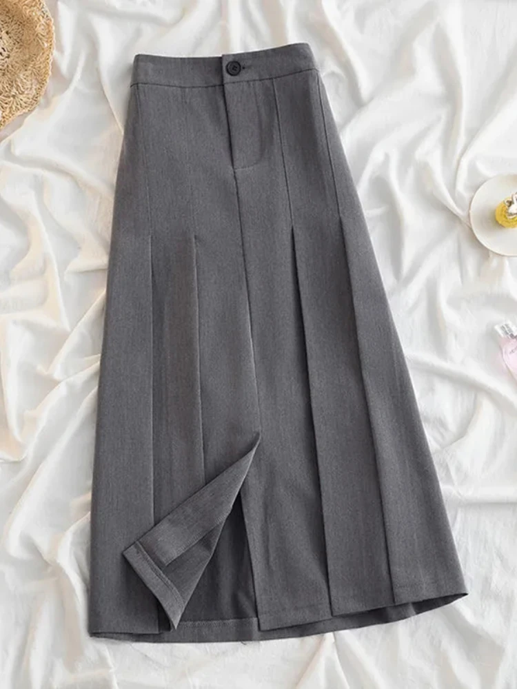 Black Gray Pleated Long Skirt for Women 2025 Spring Japanese Style High-Waist Skirts Woman Office Streetwear Midi Skirt