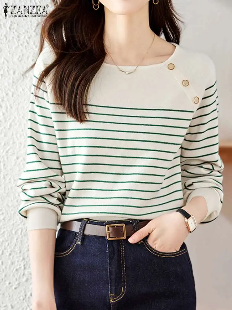 ZANZEA Women Long Sleeve Tunics Casual Loose Autumn Tops Vintage Striped T Shirts Fashion Round Neck 2025 Korean Baggy Blouse