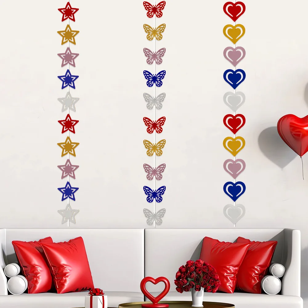 Colorful Five-Pointed Star Heart Hanging String, Wedding, Birthday Party Decoration, Butterfly Background, Wall Hanging Strip P