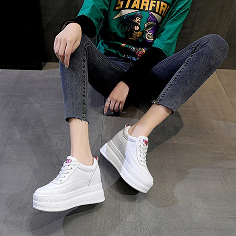 CXJYWMJL Genuine Leather Women Platform Sneakers Wedgies Spring Casual Vulcanized Shoes Ladies Thick Bottom Court Sneakers White