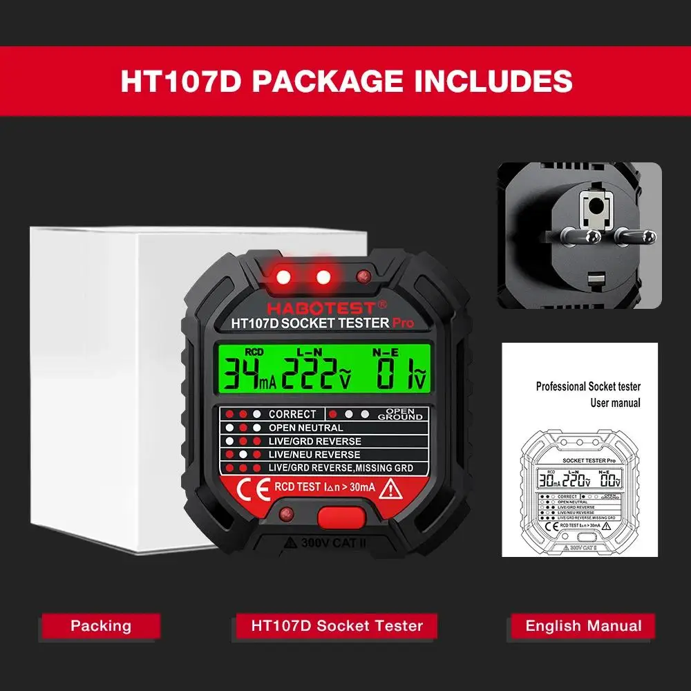 HABOTEST HT107 Pro Steckdose Tester Spannung Test Steckdose Detektor EU Stecker Boden Null Linie Stecker Polarität Phase Check – Detail 14