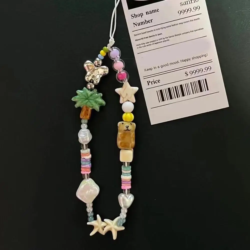 

Summer Cute Coconut Tree Bear Bead Phone Chain Pendant Charm Strap Xyun Keychain For iPhone Bag Girl Wrist Hanging Rope Jewelry