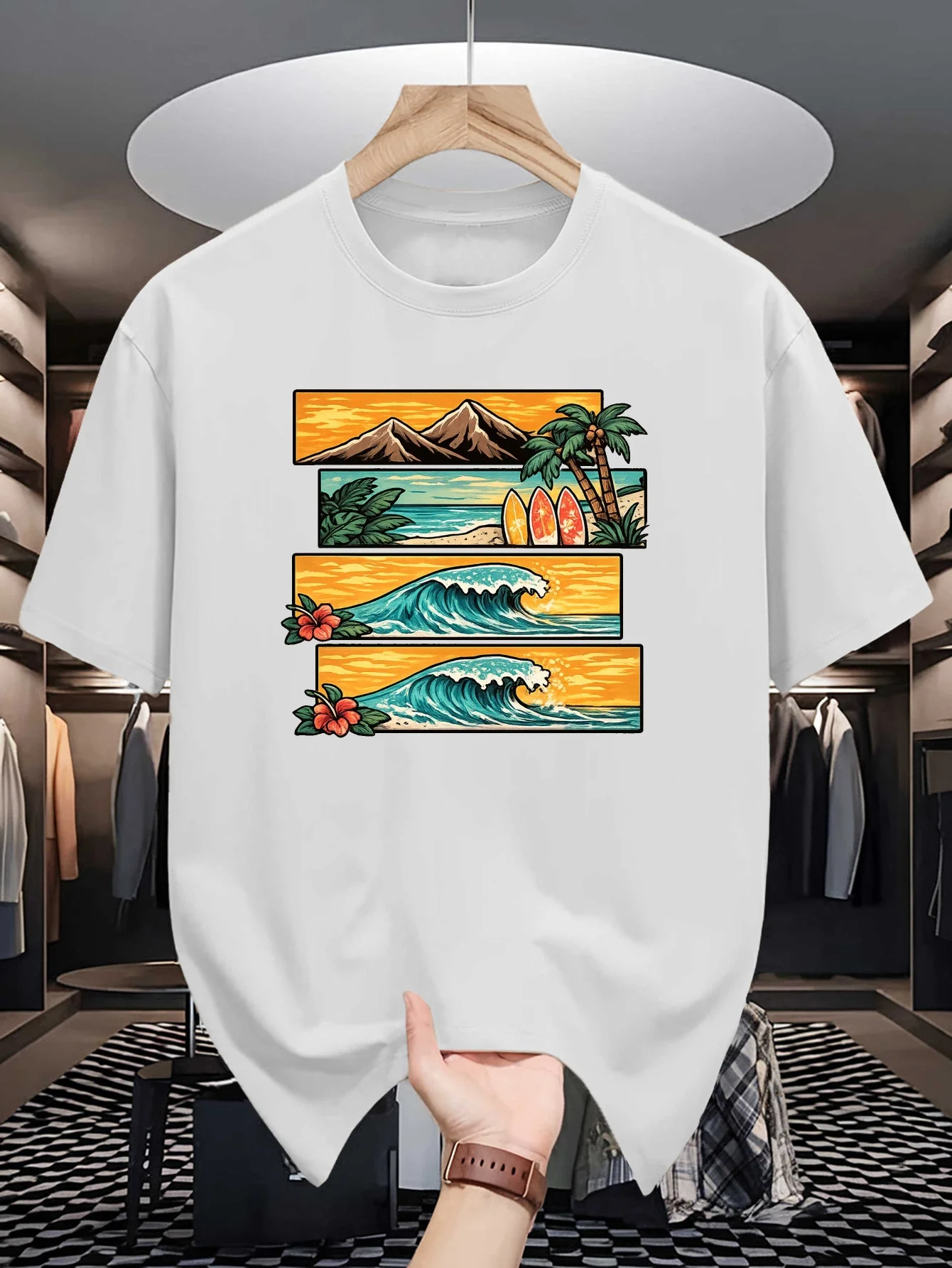 Vintage Tropical Surf Beach Graphic Mens T Shirt Crew Neck Cotton Tee Wave Palm Tree Print Casual Top  For Summer Surfing Lovers
