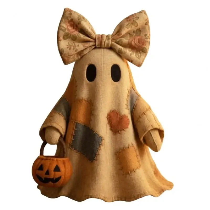 Patchwork Ghost Halloween Decoration Fabric Ghost Centerpiece Vintage Patchwork Ghost Halloween Decor with Pumpkin for Spooky