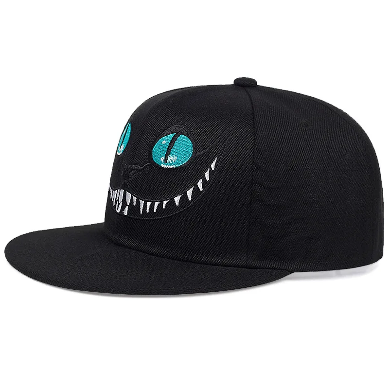 Flat Brim Hat Cheshire Cat Street Black Cap For Men and Women Street Fashion Brand