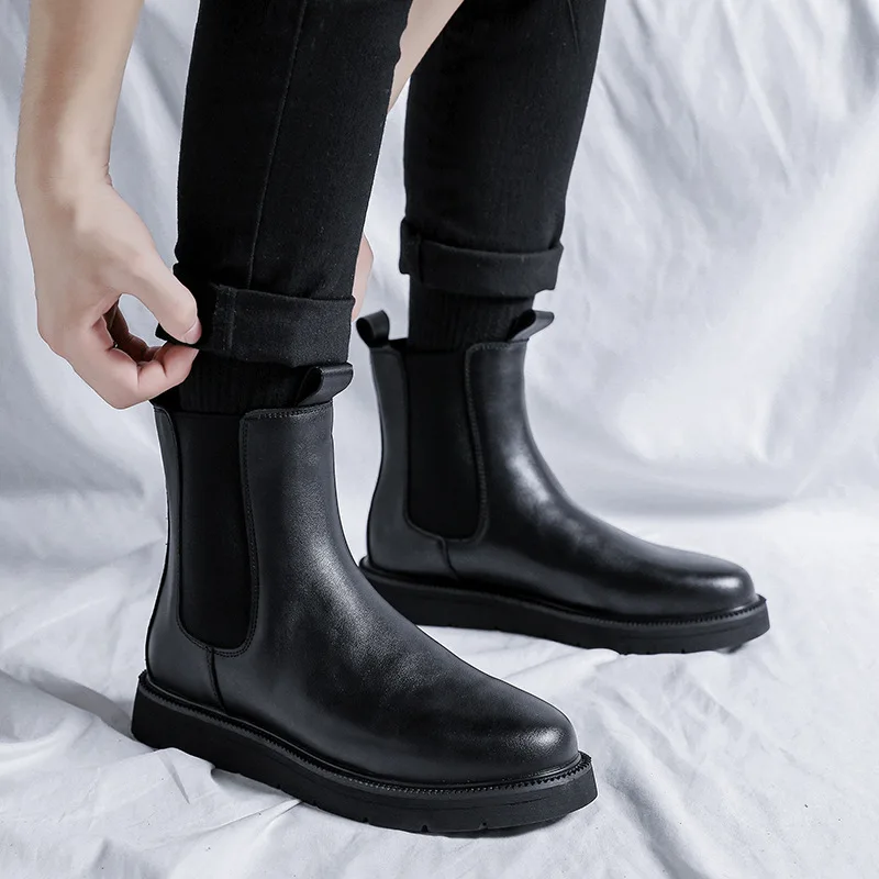 

Мужские модные ботинки «Челси», черные оригинальные кожаные туфли, праздничное банкетное платье, ковбойские высокие кеды, ботинки на плоской подошве, мужские ботильоны