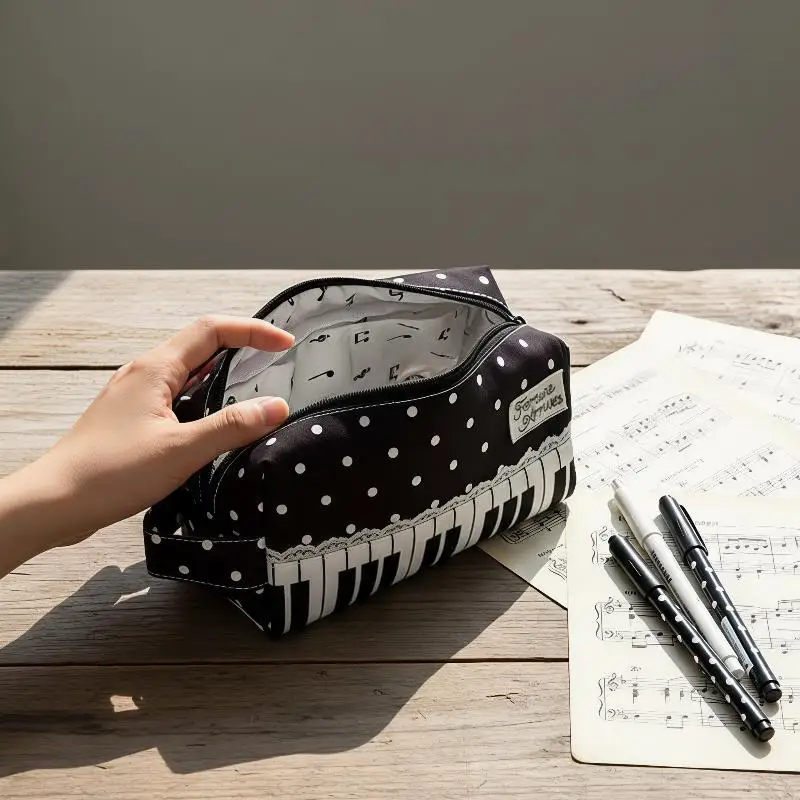 Pencil Pouch Cute Polka Dot Piano Key Print with Handle Large Capacity Portable Stationery Organizer for Students Office Workers