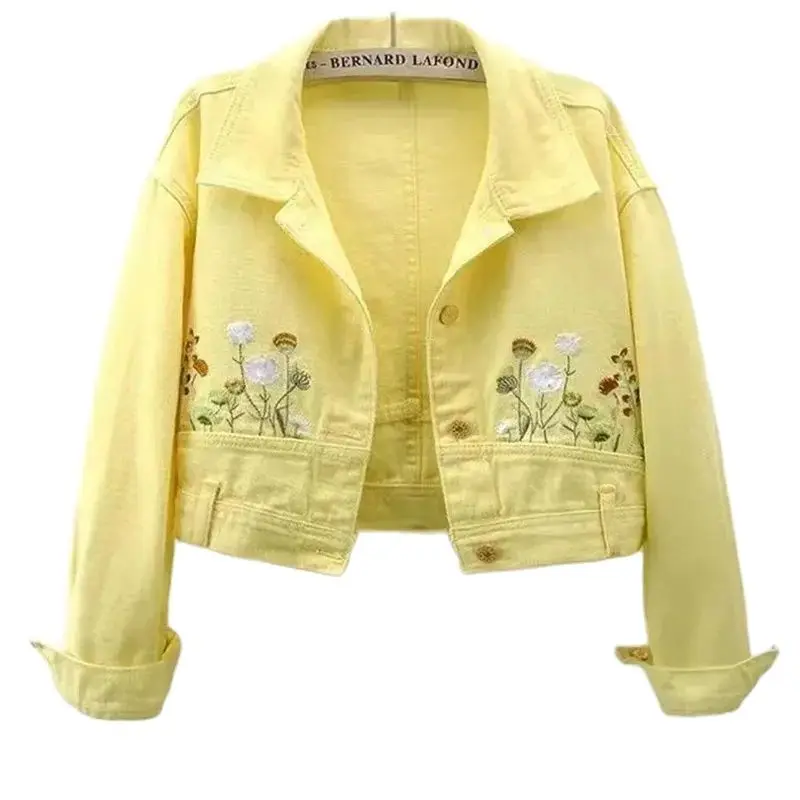 2024Spring Autumn New High Fashion Embroidered Loose Yellow Flowers Long Sleeve Denim Jacket Women Short Jacket Outerwear Female