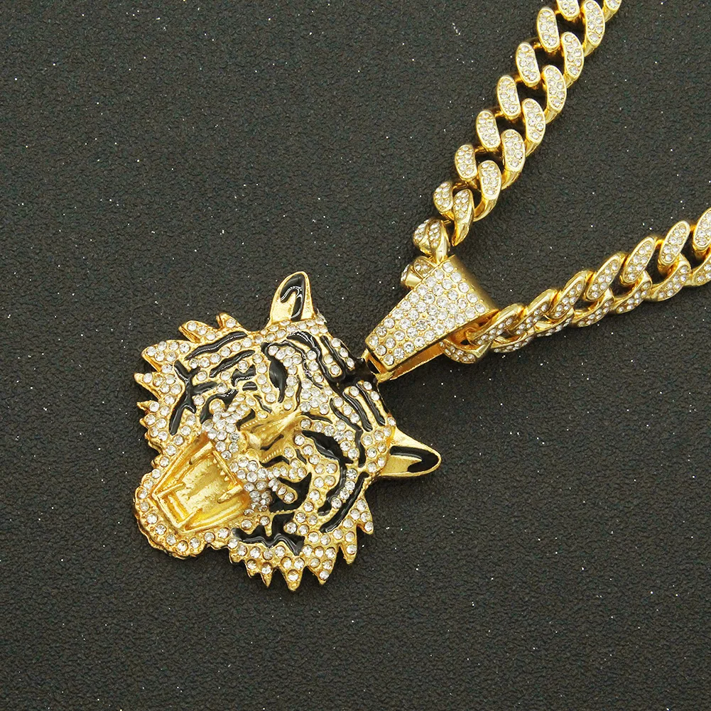 

Hip Hop Iced Out Cuban Chains Bling Diamond Animal Tiger Pendant Mens Necklaces Miami Gold Chain Charm Mens Jewelry Choker Gifts