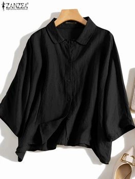 ZANZEA Camicia da donna con collo a bavero moda femminile Casual Blusas allentati Elegante camicetta con maniche a 3/4 Bottoni estivi Imbottiture Top oversize