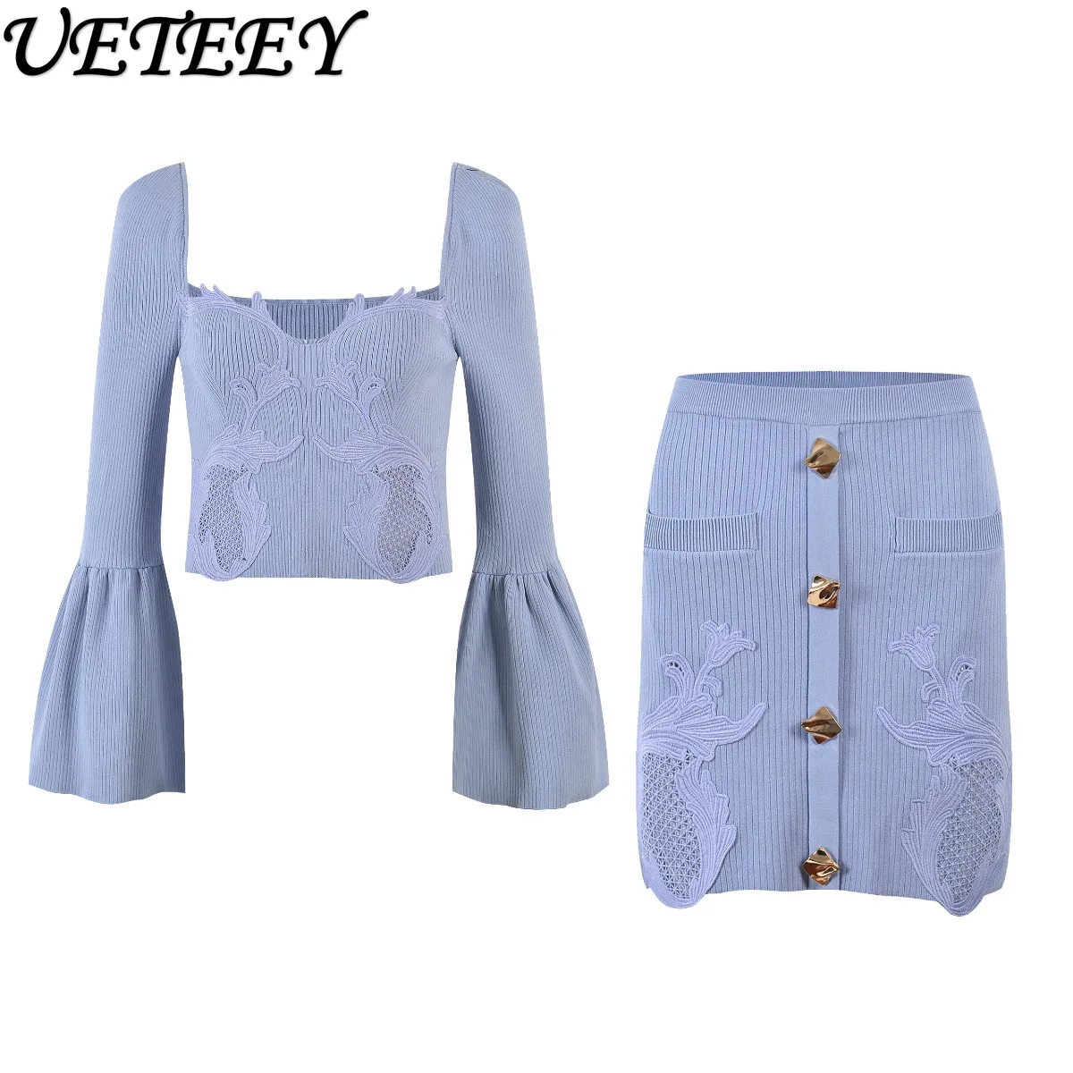 Spring Autumn New Solid Color Square Neck Flared Sleeve Lace 3D Hollow Knitted Top and Short Skirt Slimming Set for Women
