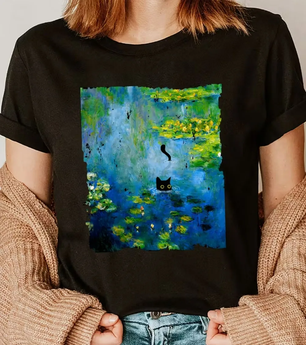 

Women'S Black T-Shirt with Whimsical Black Cat & Monet-Inspired Water Lilies Print - Short SleeveCasual Top Daily Streetwear