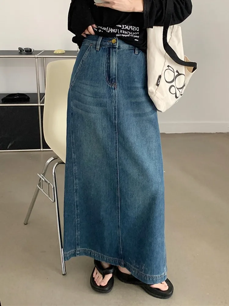 

ZHISILAO New Long Denim Skirt Women Vintage Blue High Waist A-line Jeans Skirt Summer 2023