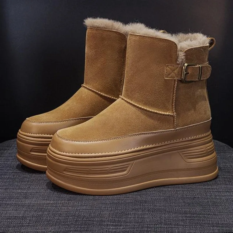 

8cm Platform Thick Bottom Snow Boots Women Winter Warm Plush Ladies Ankle Boot Suede Genuine Leather Female Shoes Woman