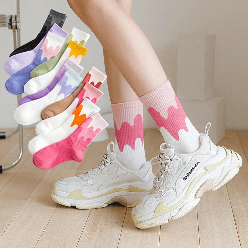 10 Pairs Pack Women Candy Colors Ice Cream Printed Street Fashion Cotton Socks Set Korean Style Japanese Trendy Patchwork Socks