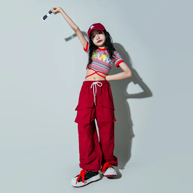 Criança hip hop roupas bonito listra rendas até colheita topo t camisa vinho vermelho rua jogger calças de carga para menina jazz dança traje roupas