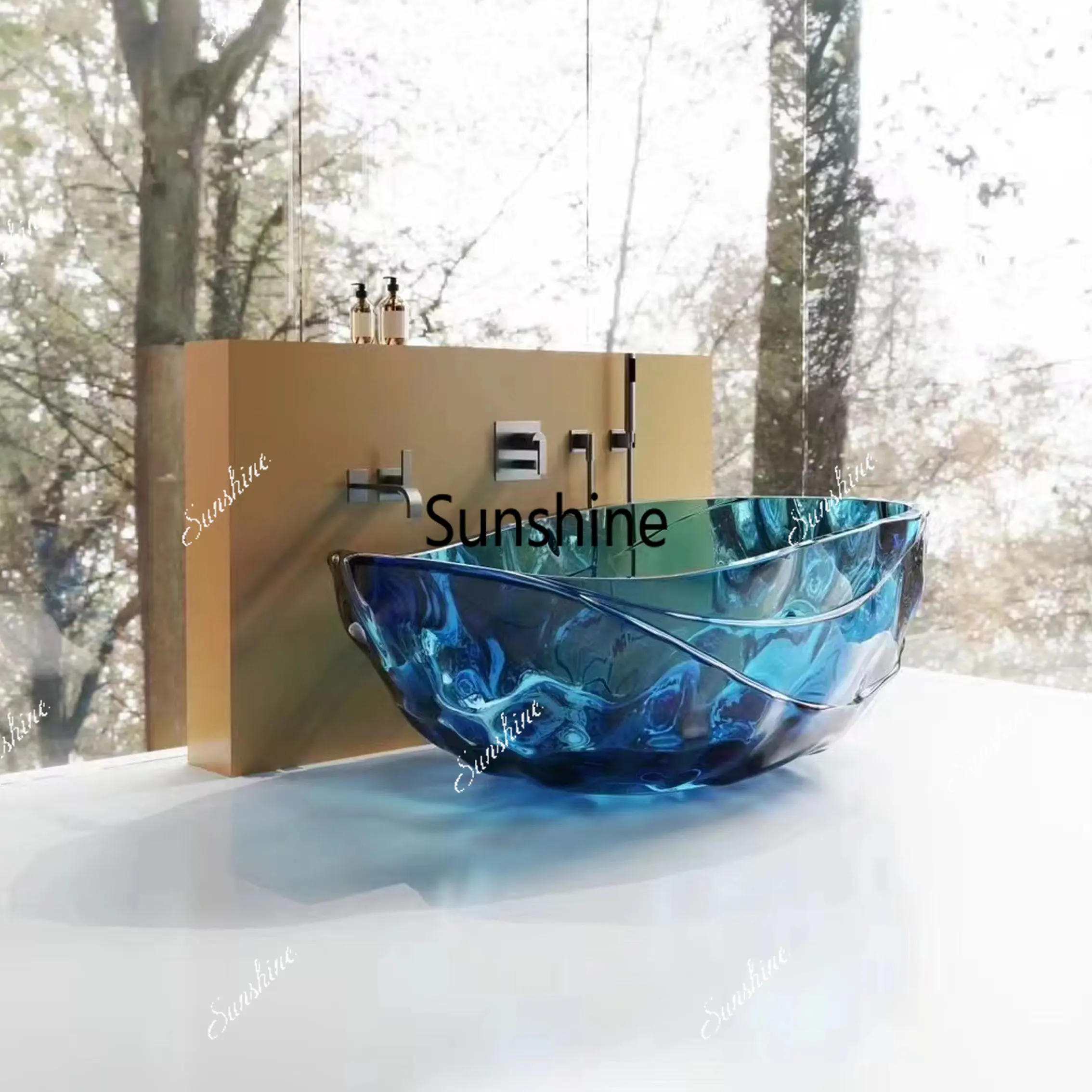 Transparent crystal resin bathtub, water ripple pattern, colorful hotel and homestay design, standalone style