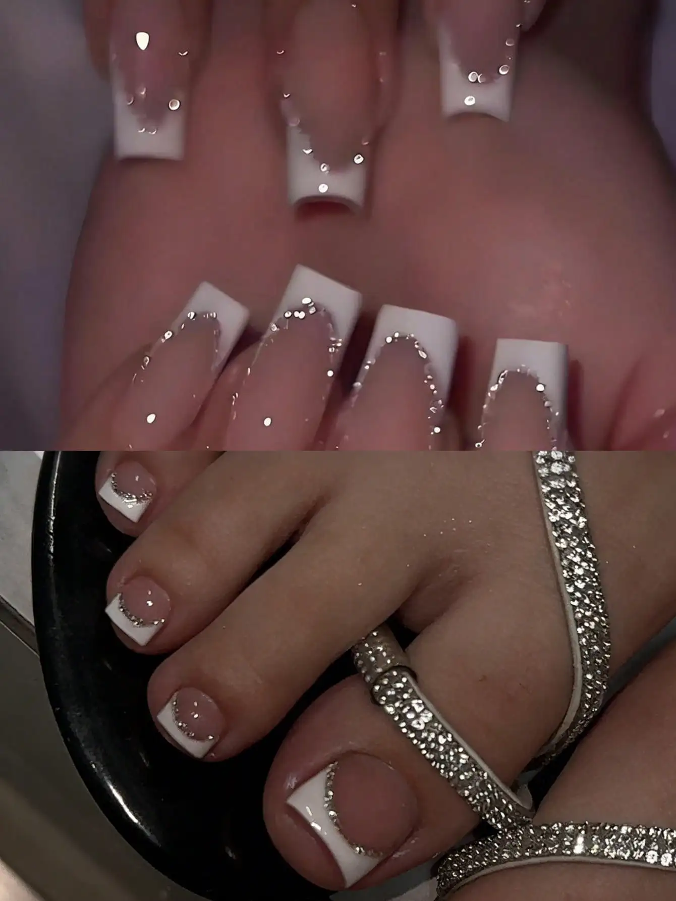 

48pcs French Manicure Nail Stickers Set, Including 24pcs Medium Length Square Pressed Nail Stickers And 24pcs Toe Nail Stickers, Silver Glitter White French Style, Short Full Coverage Glossy Fake Nails Set, Comes With 2pcs Jelly Gel And 1pc Nail File, Sui