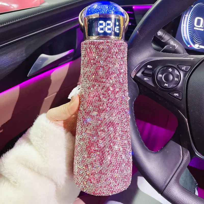 420ml Smart Cup Rhinestones Insulated Flask Stainless Steel Thermal Bottle LED Temperature Display Screen Thermos Mug For Women