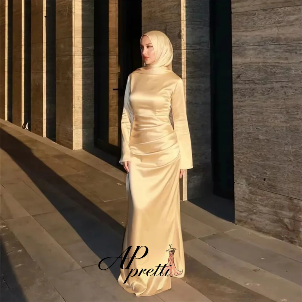 AP pretti Customized Elegant Champagne High Neck Satin Evening Gown Dress Full Sleeve Mermaid Reception Dress فساتين سهرة