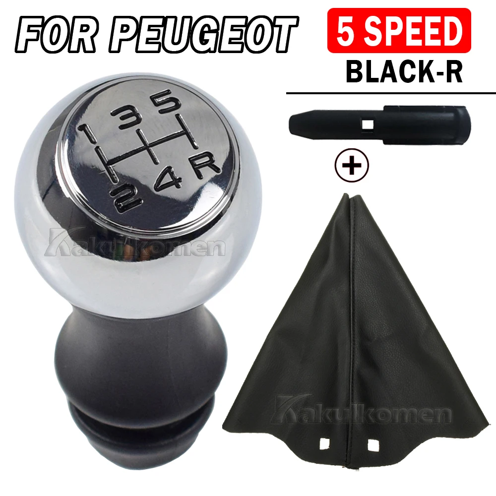 New Chrome Manual 5 6 Speed Car ABS Gear Shift Knob With Gaiter Cover For Peugeot 106 206 306 406 107 207 307 407 301 308 2008