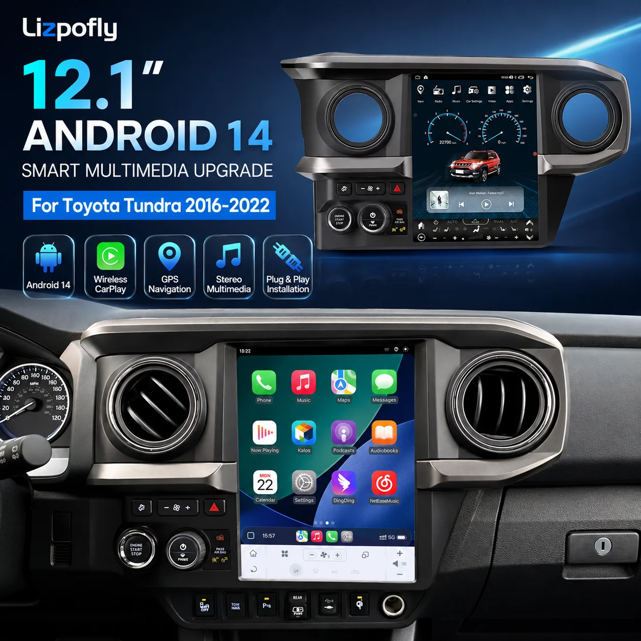 Lizpofly 12.1 inch Android 14 For Toyota Tundra 2016‑2022 Carplay Car Navigation Multimedia Player Radio Stereo Screen Head Unit