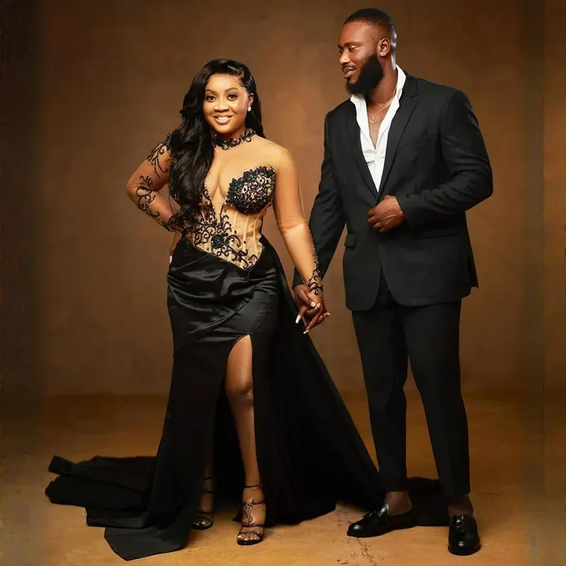 

Customized 2026 Luxurious Black Long Sleeved 3D Decal Women's Party Evening Dress Sexy Side Slit Formal Second Reception Dress